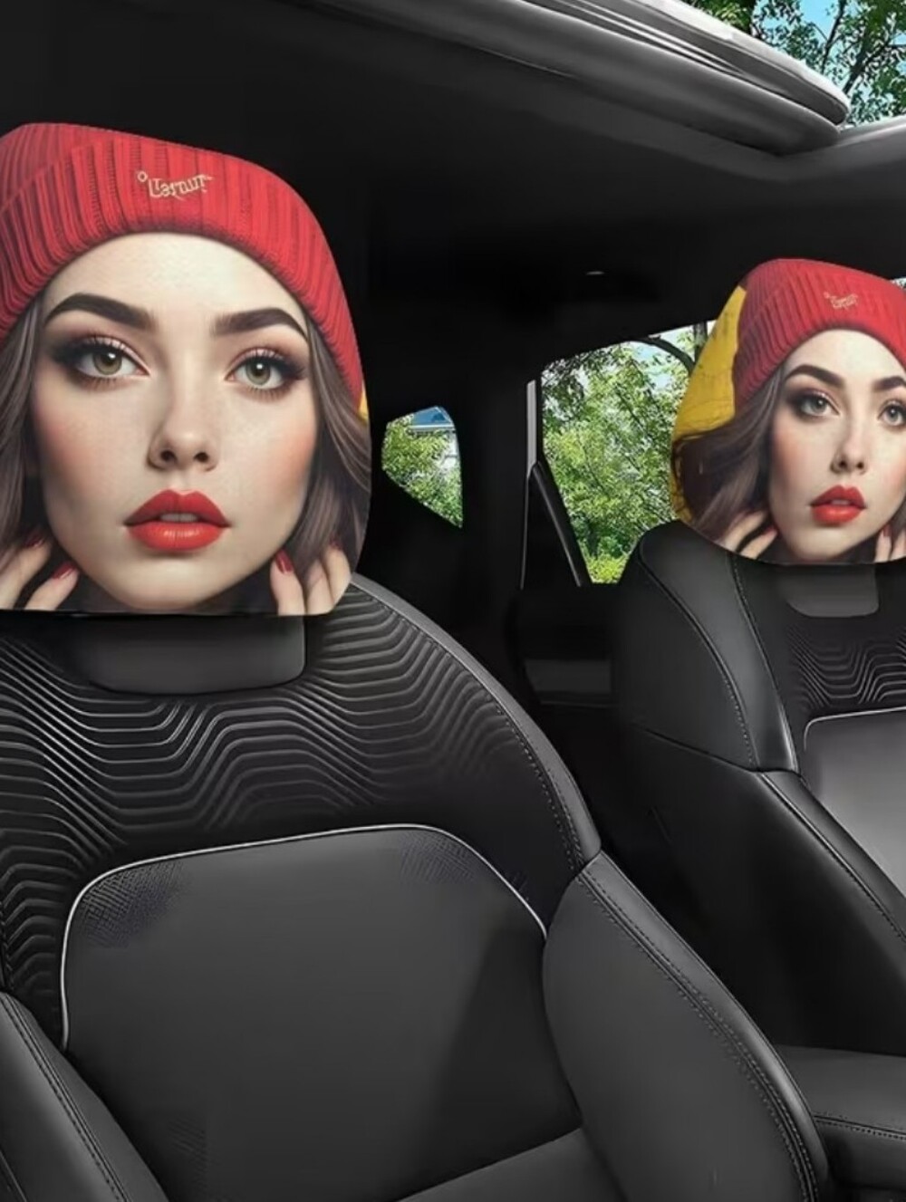 Cool 3D Print Woman With Red Beanie Car Headrest Covers